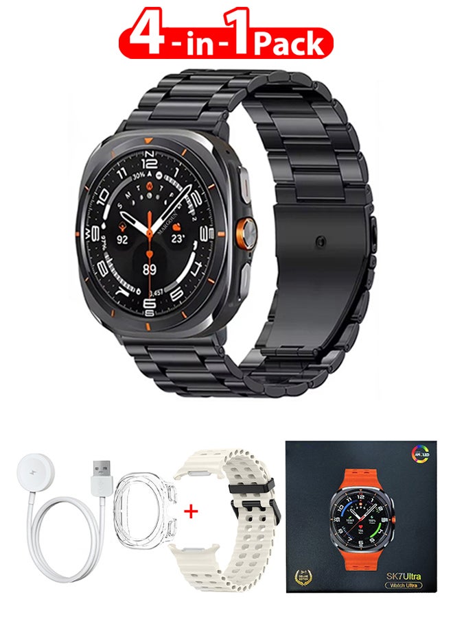 Compare SK7 Ultra Smartwatch Bundle With Accessories Including 1 Black Stainless Steel Band 1 Cream Silicone Band a Charging Cable and a TPU Case Protector Cream at KSA Price