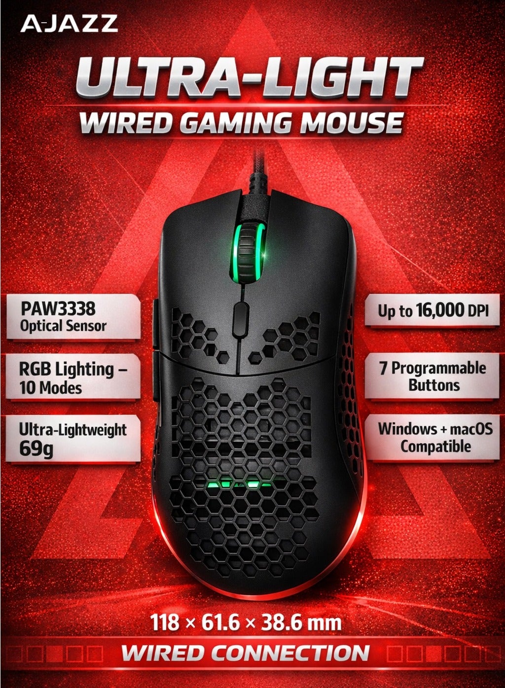 AJAZZ AJ390 Ultra-Light Gaming Mouse, 16000 DPI…