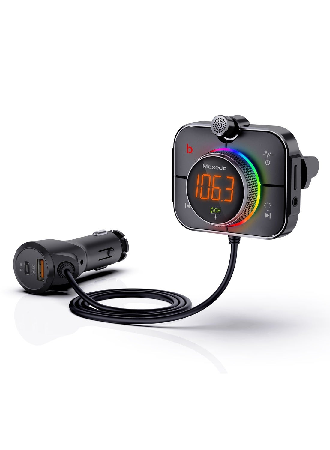 Compare Moxedo Talk Focus FM Transmitter, PD3.0 & QC 3.0, 38W Dual Ports USBA, and USBC, RGB Colors, Support SD Card AUX Input at KSA Price