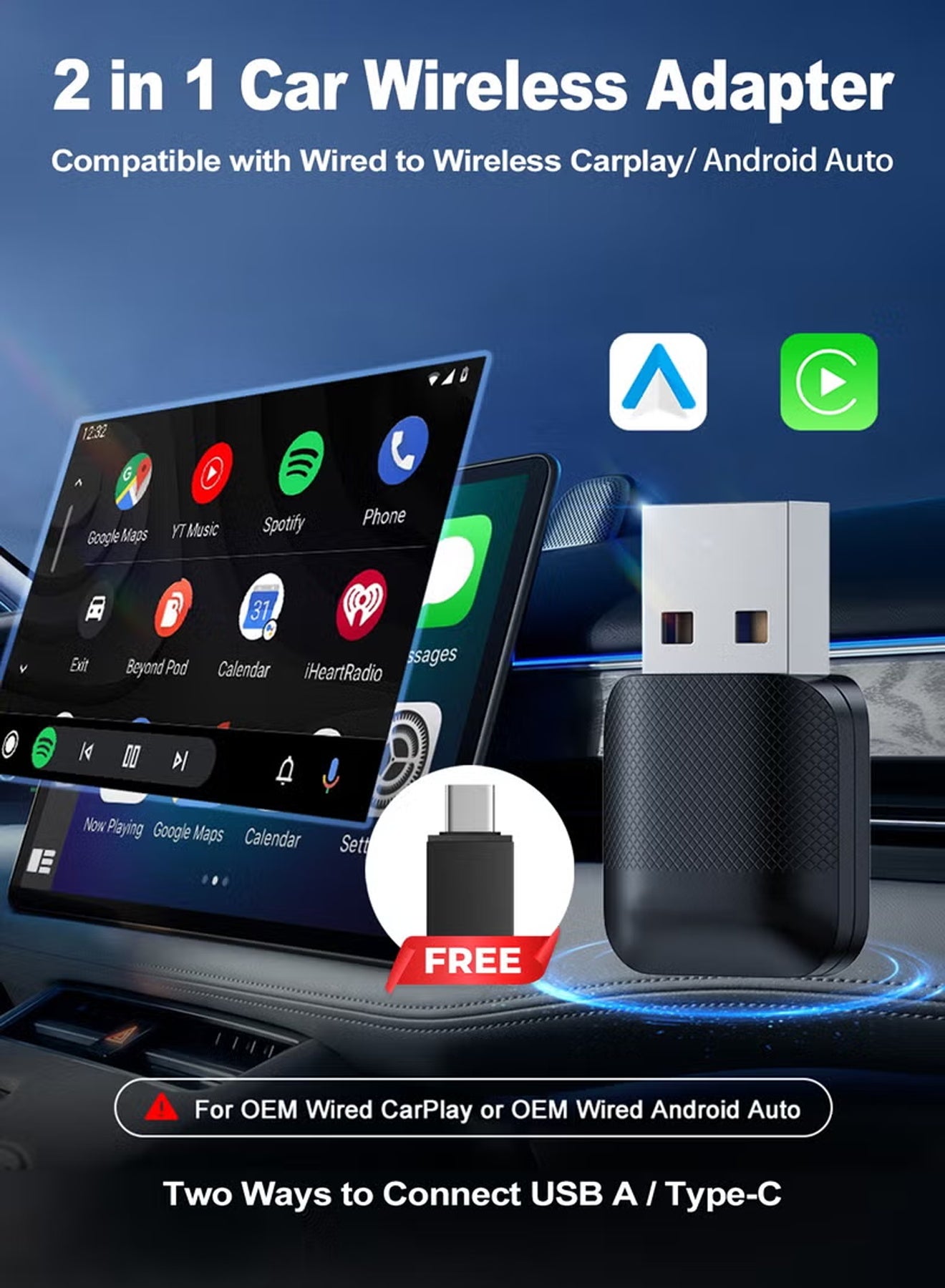 2-in-1 Wireless CarPlay & Android Auto Adapter,…