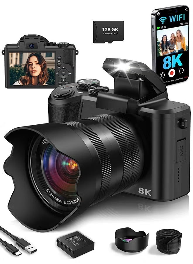 Compare 8K Digital Camera, DSLR camera for Photography, 88MP Autofocus WiFi Vlogging Camera  with Front and Rear Lens, Flash, Touch Screen, Lens Hood, 128GB Card  Black at KSA Price