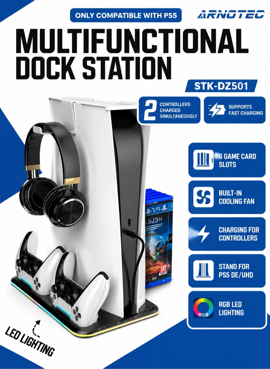 Compare PS5 Controller Charging Dock with Cooling Fan, RGB LED Vertical Stand for PlayStation 5, DualSense Charger, Console Support Base & Game Organizer – STKDZ501 at KSA Price