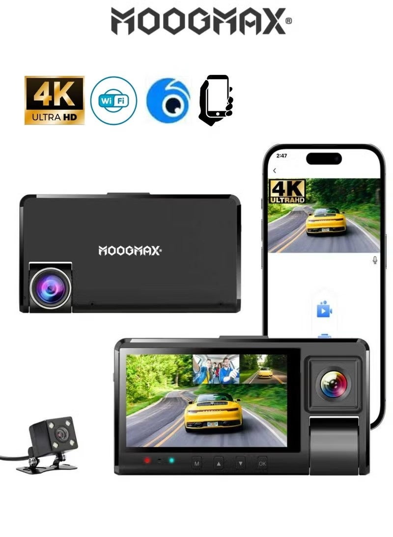 MOOGMAX 4K Ultra HD Dash Cam with 3 Lenses…