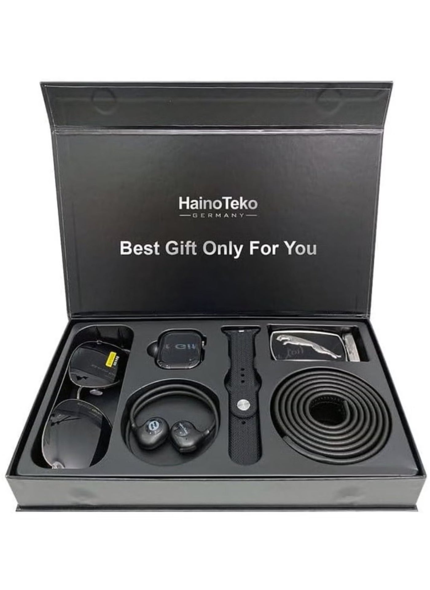 Compare Smart Watch Gift Box with Sunglasses, Belt, and Neckband for Men and Boys – Complete Stylish Gift Set for Special Occasions – Black at KSA Price