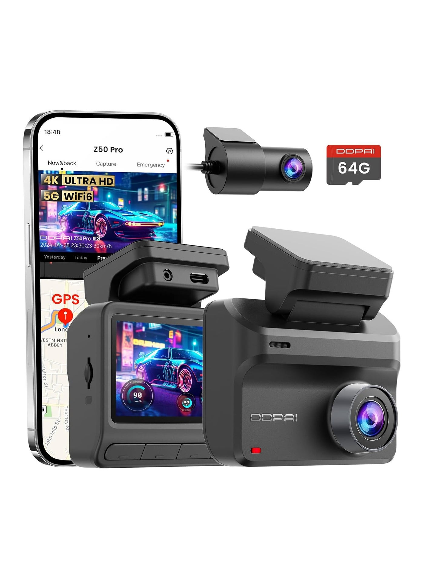 Compare DDPAI Dash Cam Front and Rear 4K+1080P Dashcam for car, Included 64GB Card, Builtin 5G WiFi 6 GPS, 3 IPS Screen, 48H Parking Mode, Super Night Vision, ADAS, Loop Recording, Z50 Pro at KSA Price