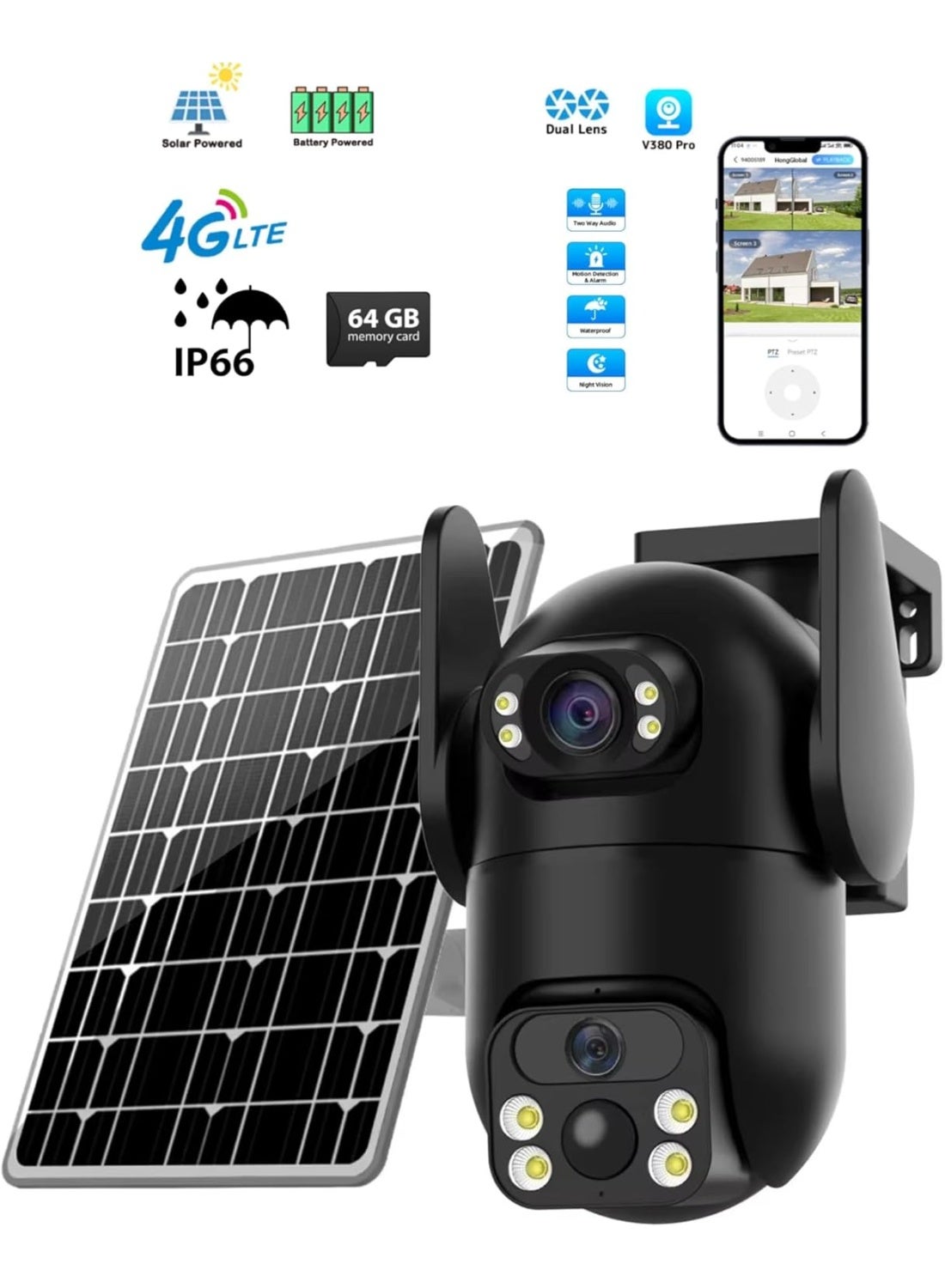 Compare 6MP Dual Lens Outdoor Security Camera – 360° Wireless PTZ IP CCTV with 4G SIM Connectivity, Solar Powered, Human Detection, Night Vision, TwoWay Audio, 64GB SD Card, V380 Pro App – Home, Garden & Office Security at KSA Price