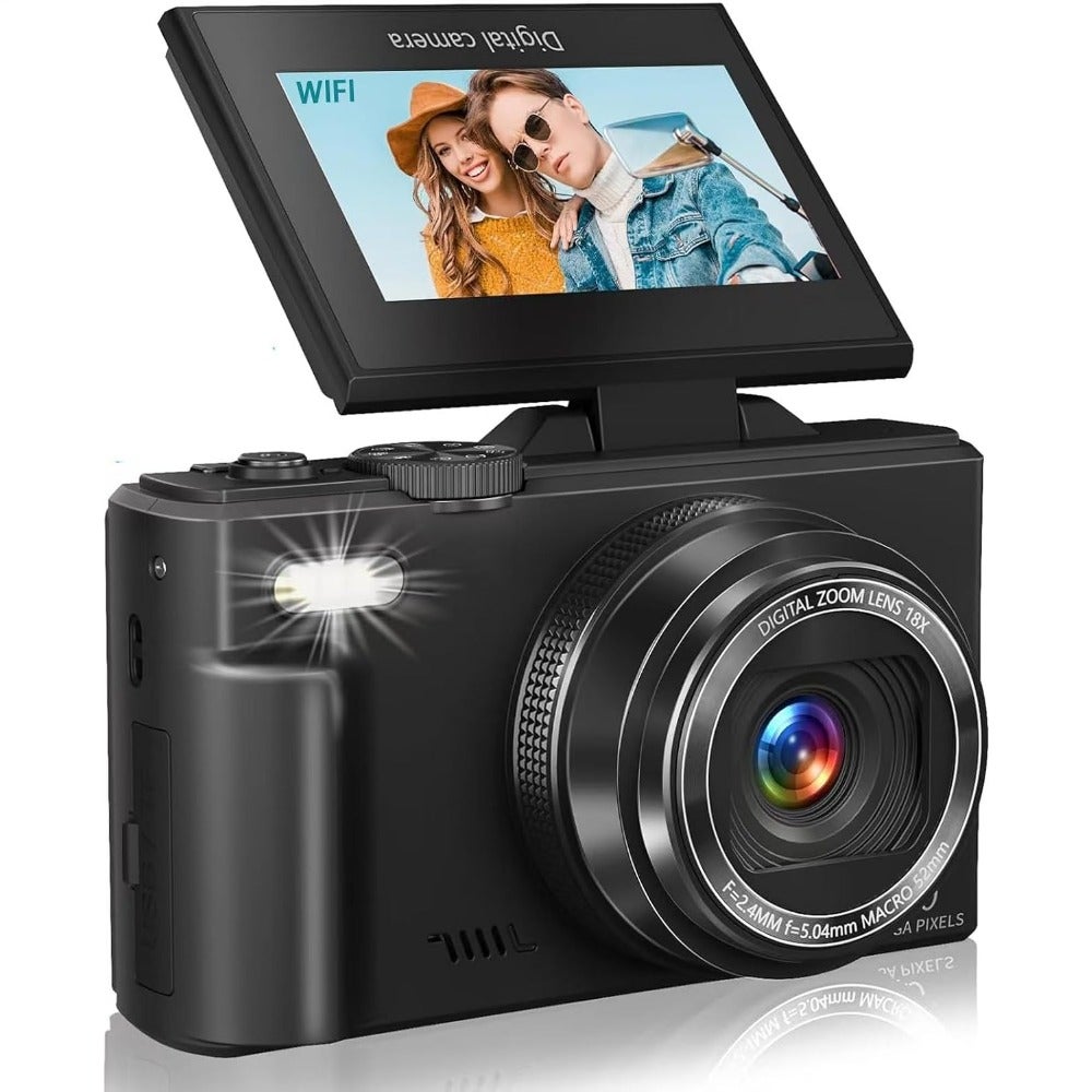 Compare Travel digital camera with 75MP sensor, WiFi, 18x zoom, antishake, 3 180 flip screen, flash, black plastic body, ideal for adult beginners includes 2 batteries + 32GB SD card at KSA Price