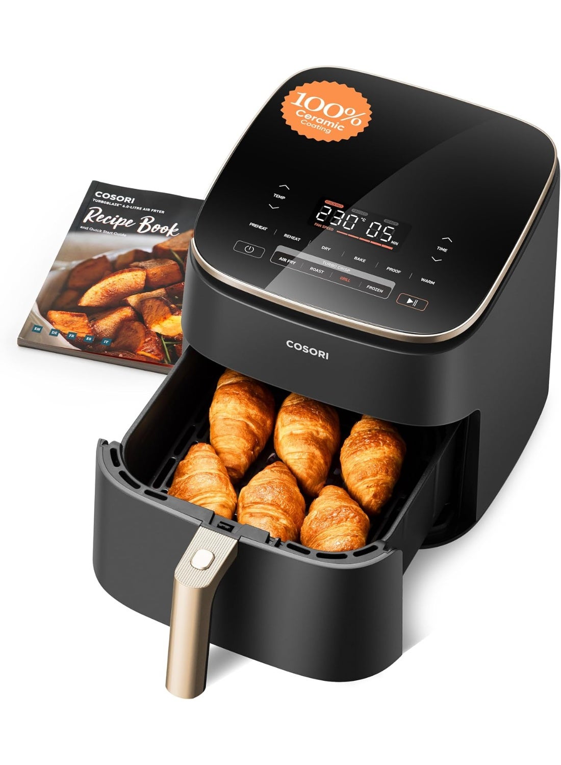 Compare COSORI 9in1 TurboBlaze Air Fryer 6L, Premium Ceramic Coating, 30°–230℃, Precise Heating for Even Results, Air Fry, Roast, Bake, Broil, Dry, Frozen, Proof, Reheat, Keep Warm, Gold, CAFDC602KAE at KSA Price