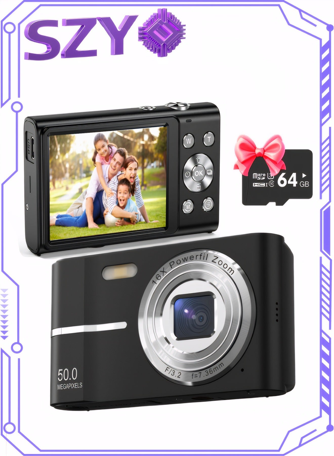 Compare Digital Camera with 64GB SD Card, Vlogging Camera, Kids Camera, Point and Shoot Digital Cameras, 16X Zoom, Anti Shake, Compact Small Camera for Boys Girls, Black at KSA Price
