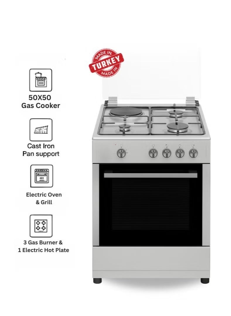Compare 55x50 cm Stainless Steel Cooking Range | 3 Gas Burners + 1 Electric Hotplate | Electric Oven & Grill | AutoIgnition | Compact SpaceSaving Design | Made in Turkey – Model VC5531ESD at KSA Price