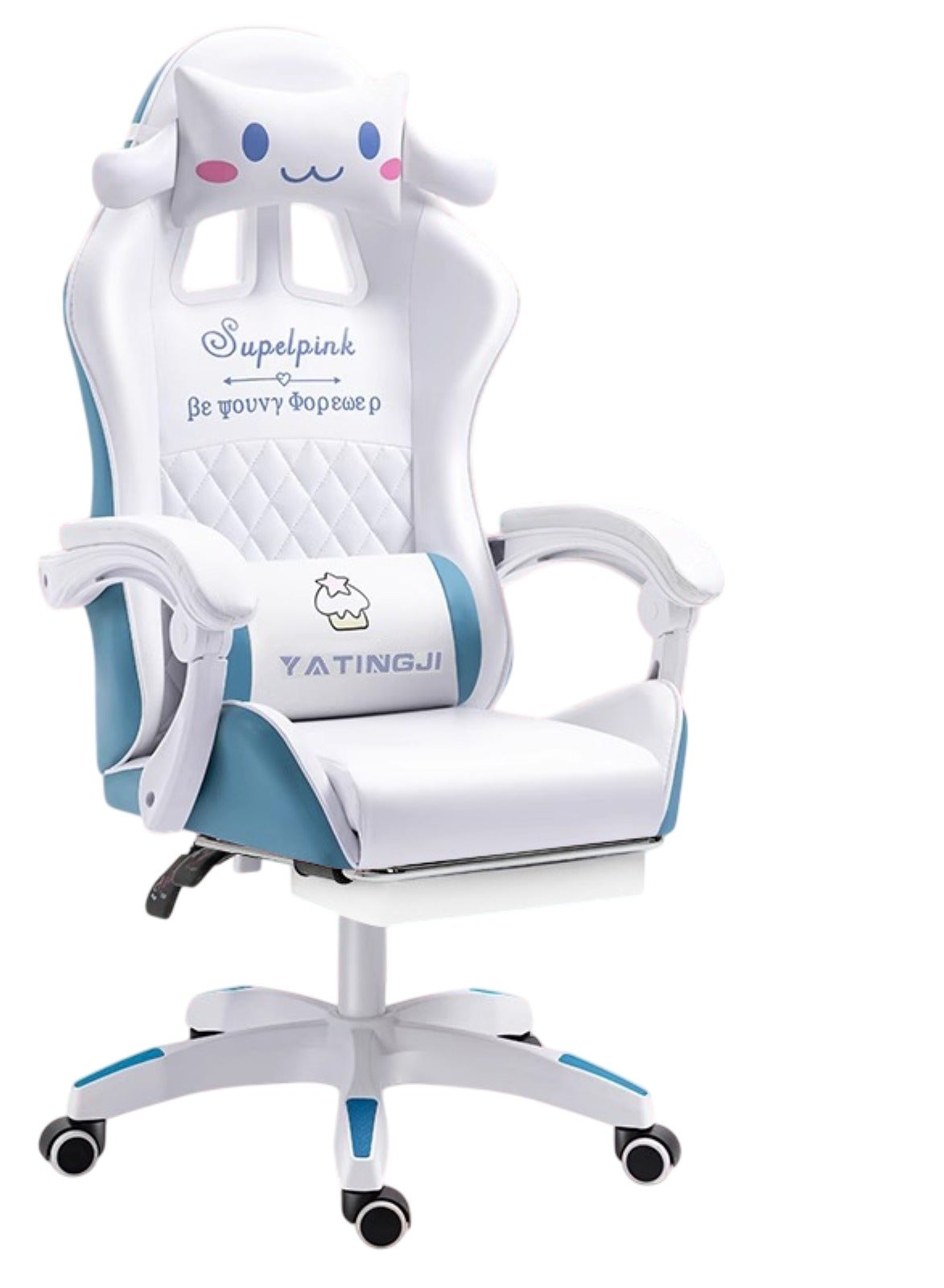 White & Blue Cartoon Gaming Chair with Footrest…