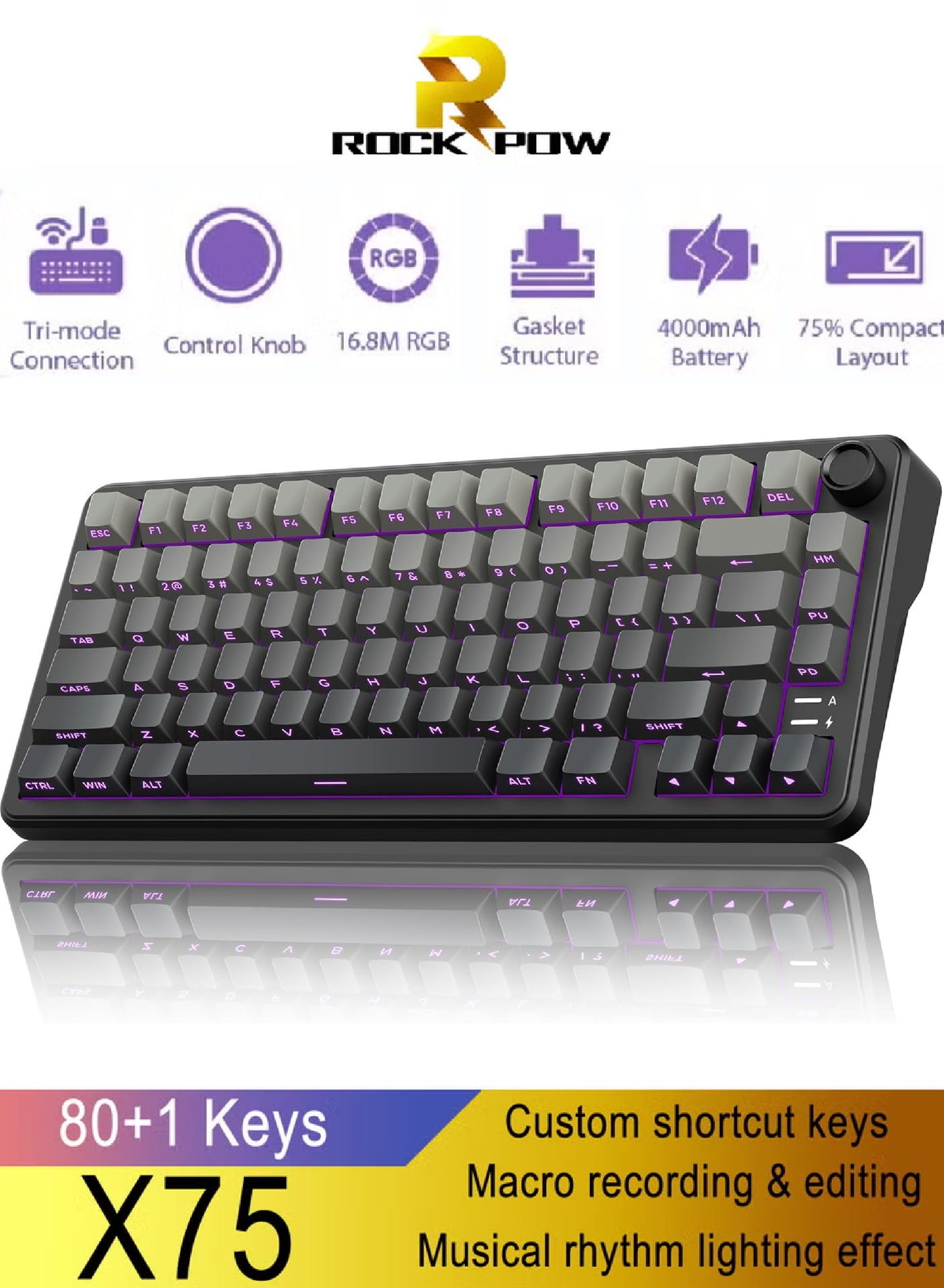 Compare ROCK POW X75 Wireless Gasket RGB Backlit Gaming Keyboard,TriMode BT5.02.4GHzUSBC HotSwappable Mechanical Keyboard,Rapid Trigger 1KHz Polling Rate Wired mode Prelubed Linear Switches,Sound Absorbing 75% Compact Layout with Knob,Side  at KSA Price