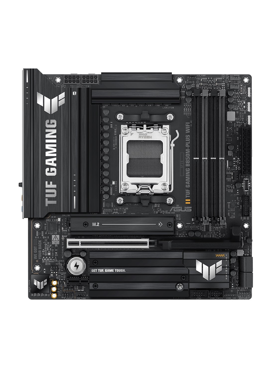 Compare TUF Gaming B850MPlus WiFi AM5 MicroATX Motherboard, AMD B850 Chipset, 4x DIMM DDR5 Slots, Up to 192GB Max Memory, 1 x PCIe 5.0 x16 SafeSlot, 3 x M.2 Slots, WiFi & BT | 90MB1IY0M0EAY0 Black at KSA Price