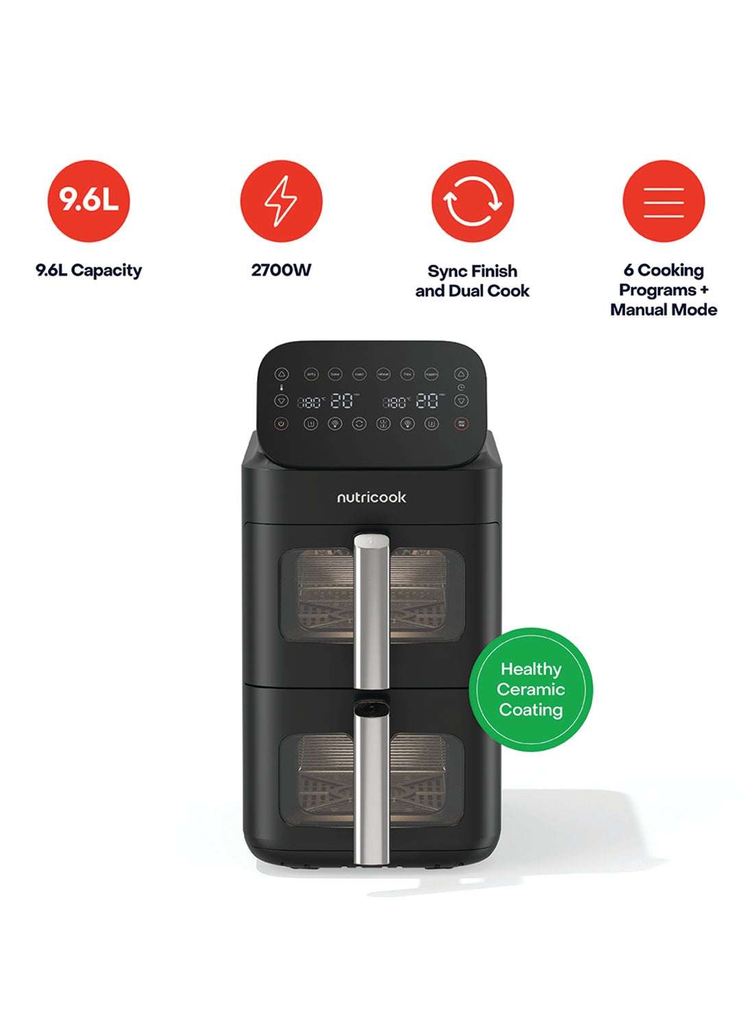 Compare Dual Basket Vertical Air Fryer with Window, Sync Finish & Dual Cook, 6 Preset Programs + Manual Mode, 4Layer Cooking with Racks, Top Heating Coils, SpaceSaving Stacked Design, NCAFDS330, Black 9.6 L 2700 W NCAFDS330 Black at KSA Price
