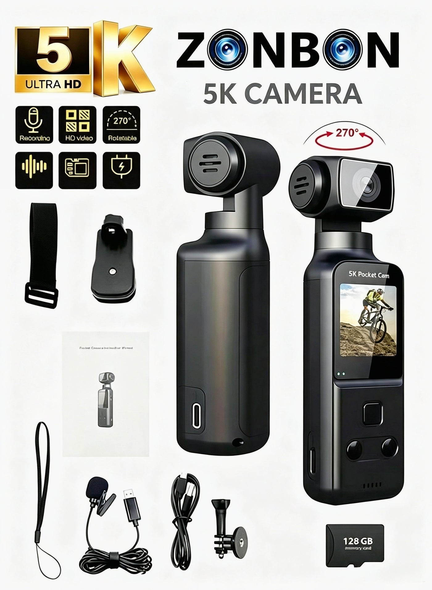 Compare 5K HD AntiShake Sports Camera, 270 Degree Rotation Portable Sport Motion Camera with Mic Clip Outdoor Riding Shooting Vlog, 1.3Inch Screen Pocket Digital Cam, Included 128G Card,1000mAh Rechargeable at KSA Price