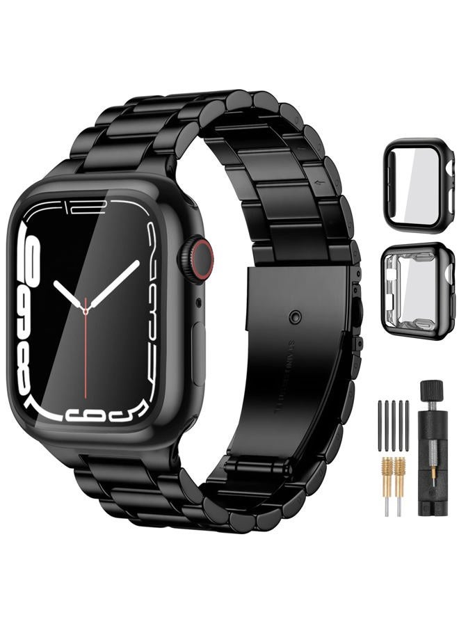 Compare Compatible with Apple Watch Band 42mm 44mm 45mm 49mm 41mm 40mm 38mm, Stainless Steel Metal Band for Apple with 2 Pack Screen Protective Case for Series 9 8 7 6 5 4 31 SE for iWatch Men Black at KSA Price