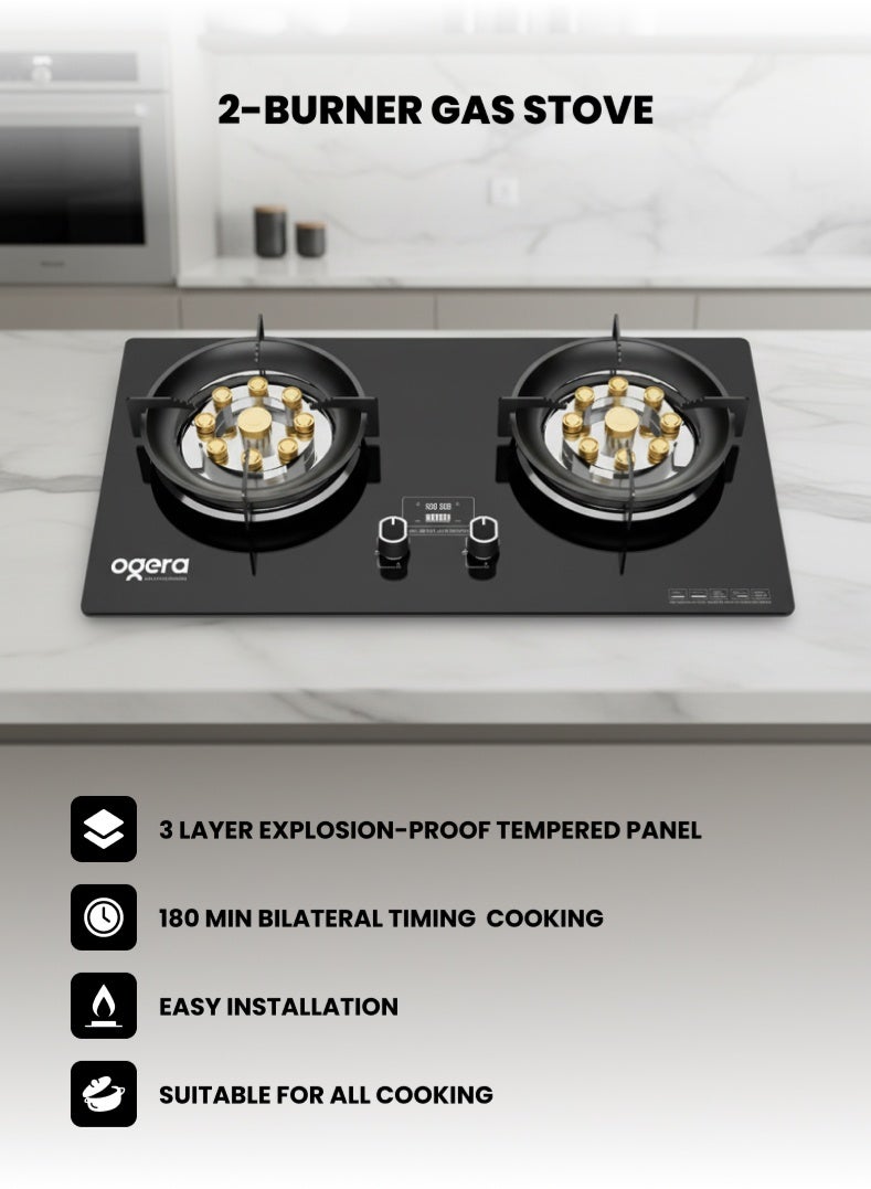 Compare 2Burner Glass Gas Hob – 9Cavity Wok Burner, Flameout Protection, Tempered Glass Top, BuiltIn or Portable Outdoor Use, Model OG3010GC 2Year Warranty at KSA Price