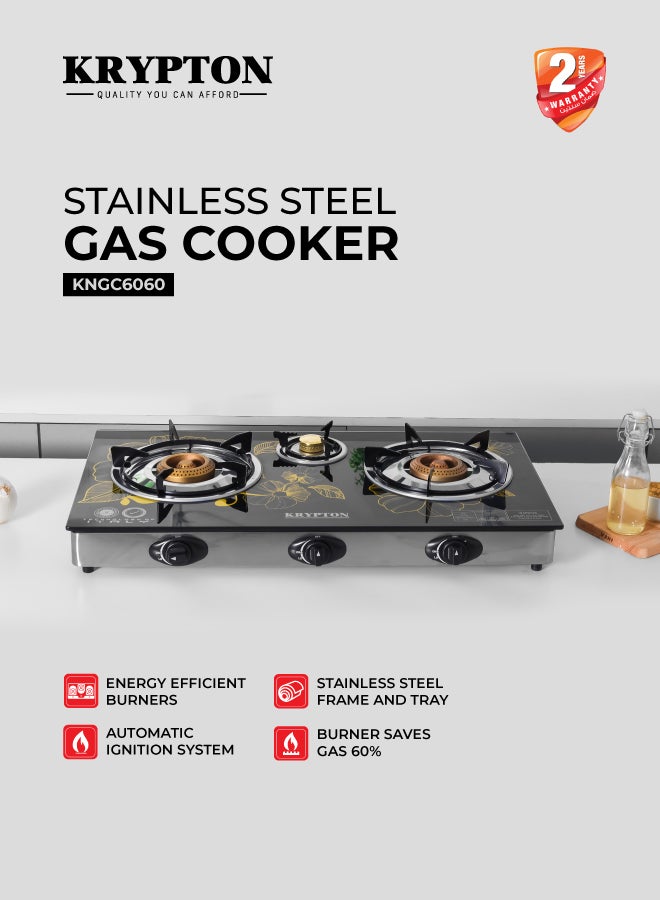 Compare Triple Burner Gas Stove with 7mm Tempered Glass Top, Cast Iron Burners, Brass Caps, Auto Ignition, Stainless Steel Frame, Easy Clean Tray – Heavy Duty Gas Cooker KNGC6060 BlackSilver at KSA Price