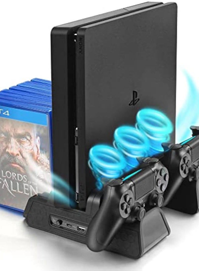Compare Soft Foot Vertical Stand for PS4PS4 SlimPS4 Pro  Cooling Fan with PS4 Charger Controller Charging Station with Game Storage Black at KSA Price