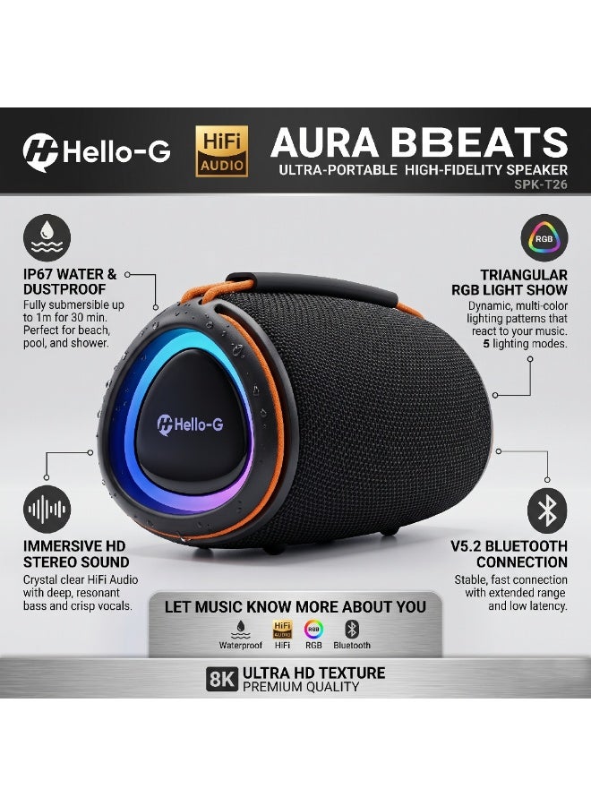 Compare HelloG Aura Beats Portable Bluetooth Speaker, Deep Bass Stereo Sound, IP67 Waterproof Outdoor Speaker, RGB Light Show, Bluetooth 5.2, USBTFAUX, Black, SPKT26 at KSA Price