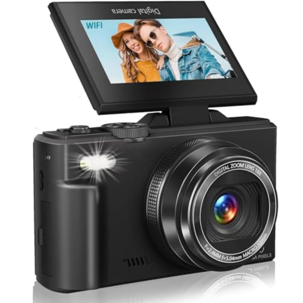 Compare 5K Digital Camera WiFi 75MP Point and Shoot Camera with 18X Zoom AntiShake 3 180 Flip Screen Compact Travel Camera with Flash for Adult Beginners Includes 2 Batteries + 32GB SD Card Black at KSA Price