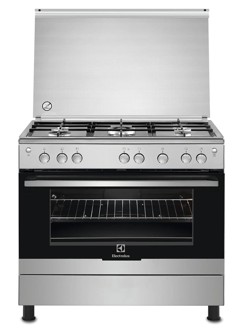 Compare 90x60cm Freestanding Cooker, Full Gas Cooking Range with 5 Burners, Cast iron pan support, XXL Oven with One Hand Automatic Ignition & Thermocouple Safety, Stainless Steel EKG9000A4X Silver at KSA Price