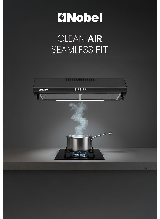 Compare 60cm BuiltIn Slim Cooker Hood 220 m³h Suction, Black Chimney, Push Button Control, 3 Speed Ventilation, Carbon Filter – 1 Year Warranty 65 W NCH60B Black at KSA Price