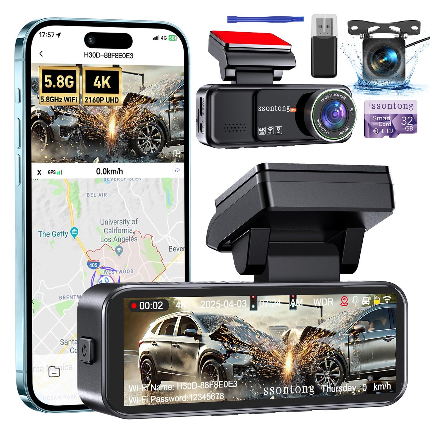 Dash Cam Front and Rear 4K with GPS 5.8G…