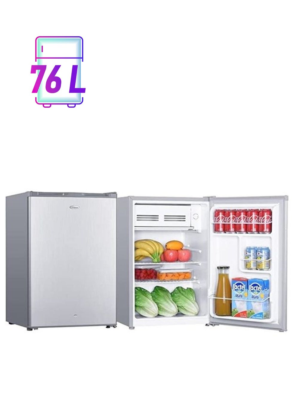 Compare Mini 70 Liter Gross Volume Compact Refrigerator, BeverageFridge With Child Lock, Shelf, FreezerBox, Reversible Door, 47.5 x 44.5 x 69.5 Cm 239 W SGR045HS Silver at KSA Price