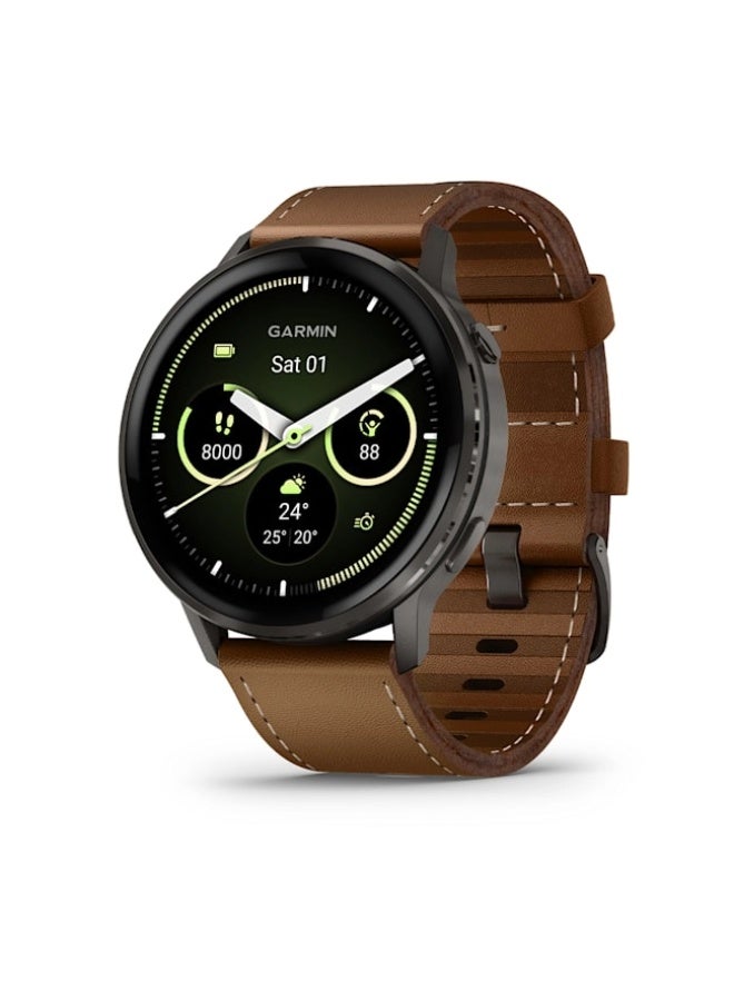 Compare Venu 4 – 45 mm  Slate with Black Silicone Band and Brown Leather Band , Upto 12 Days of Battery Life and Bright, Colorful 1.4 Inch Amoled Display , Lightweight 45mm Case with a Metal Design , iOS and Android compatible Brown at KSA Price