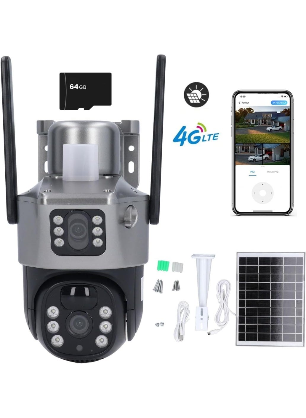 Compare 1080P Dual HD Lens Outdoor Security Camera for Home – SolarPowered IP CCTV with SIM Internet Support SIM Required, Mobile App Control, BuiltIn Microphone & Speaker, Motion Detection, Night Vision, Waterproof, 64GB SD Card Included at KSA Price