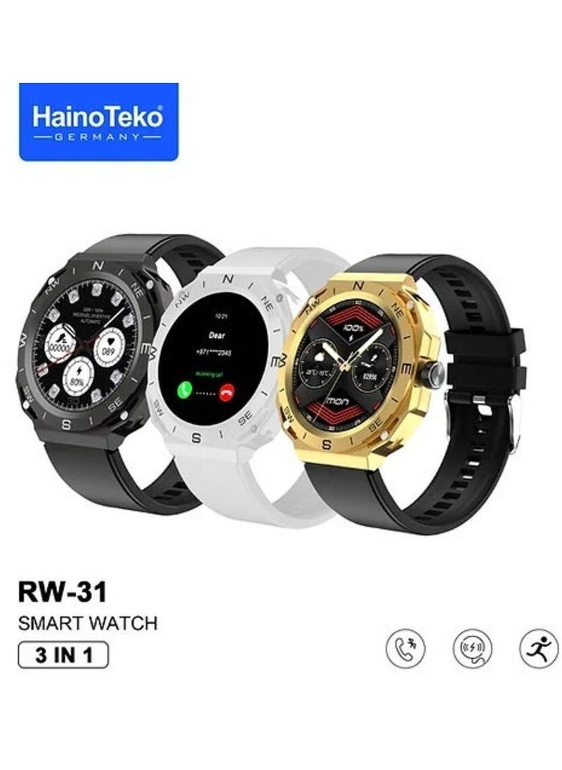 Compare RW31 SmartWatch – 3in1 Triple Case, Fitness & Health Tracker, Heart Rate & Sleep Monitor, MultiSport Modes, IP68 Waterproof, Smart Notifications, Long Battery Life, 1.75inch Touch Screen, Compatible with iOS & Android, Black Smartwatch at KSA Price