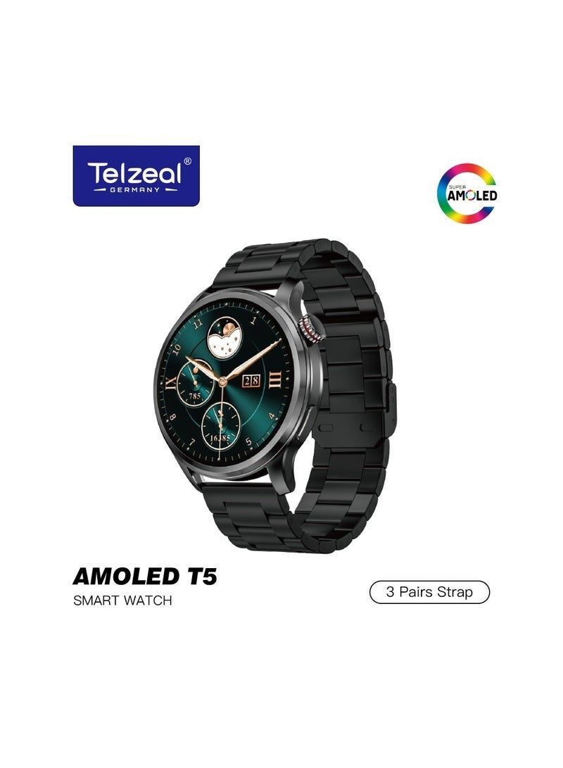 Compare AMOLED T5 Waterproof Smart Watch for Men – Large AMOLED Display, Fitness Tracker, Heart Rate & Sleep Monitor, MultiSport Modes, Includes 3 Straps & Charging Cable – Black at KSA Price
