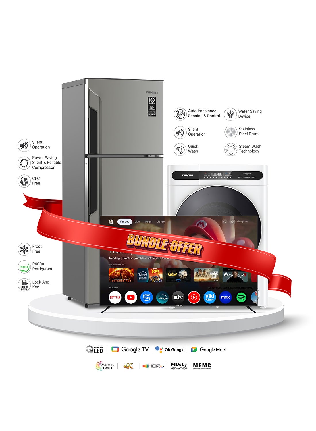 Compare Bundle 500L Double Door Frost Free Refrigerator NRF500FSS + 85  Fully Automatic Washer & Dryer NWM805FDW + Nikai 4K Google Smart TV 55NIKGOOGLE 113 W NRF500FSS+NWM+55NIK Silver at KSA Price