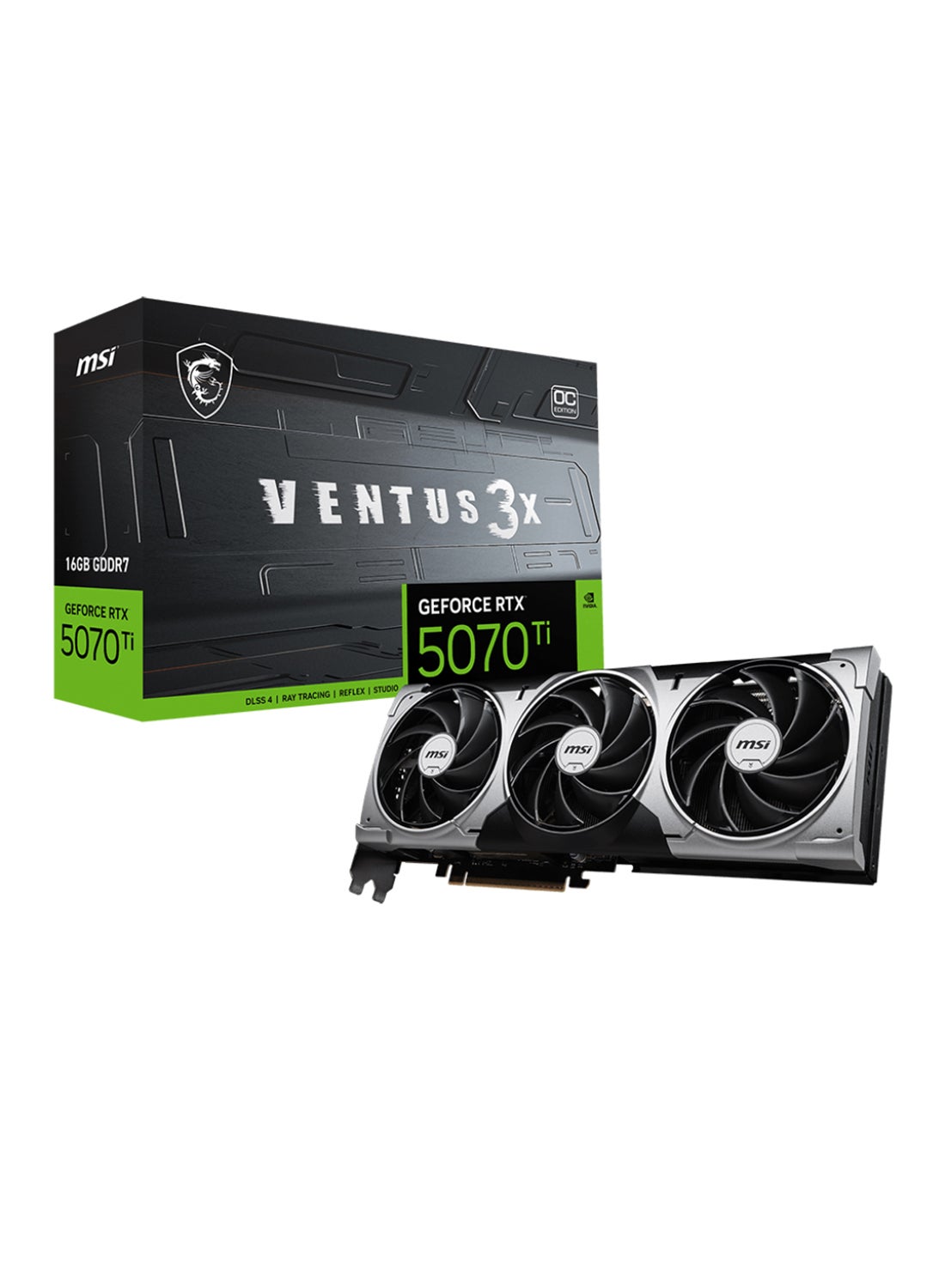Compare GeForce RTX 5070 Ti 16G VENTUS 3X OC  NVIDIA GeForce RTX 5070 Ti, 8960 CUDA Cores, 16GB GDDR7, 28 Gbps Memory Speed, 256bit Memory Bus, PCIe Gen 5, Core Clocks: 2497 MHz Extreme Performance, 2482 MHz Boost at KSA Price