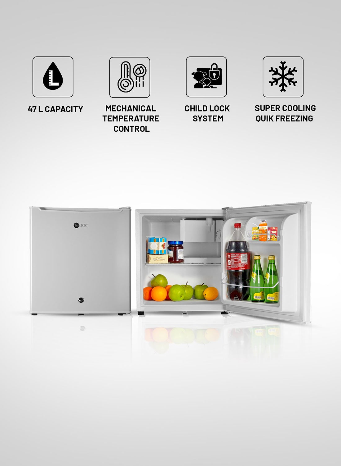 Compare Single Door Refrigerator with Strong Compressor & Steel Wire Shelves | 47L Capacity | Mechanical Temperature Control, Child Lock, Low Noise | 2Year Warranty 47.0 L AF4700RFWT White at KSA Price