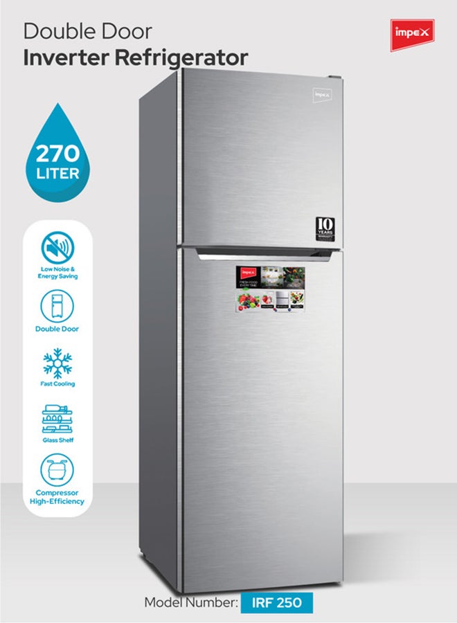 Compare Impex 270L No Frost Inverter Refrigerator, Dark Silver – 243L Net  270L Gross, High Efficiency Compressor, 58L Freezer + 212L Fridge, Glass Shelves, Interior Lamp, Low Noise, Fast Cooling, Adjustable Legs, 2 Year Product Warranty & 10 Year Compresso at KSA Price