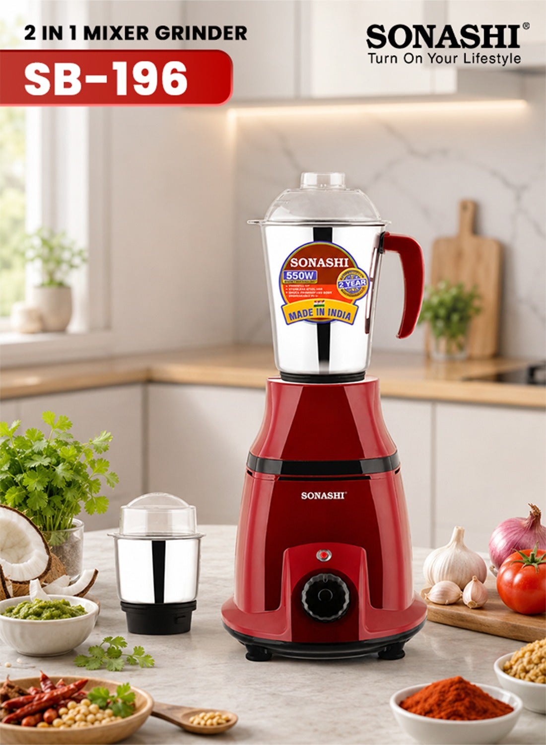 2-in-1 Mixer Grinder with Powerful Copper Motor -…