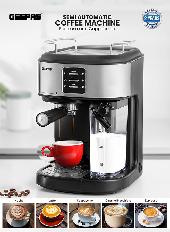 Compare Espresso and Cappuccino Coffee Machine, Equipped with 20 Bar High Pressure Pump and Powerful Steam System, Makes Cappuccino, Lattes, Espresso, Macchiato, Mocha 1.5 L 1250 W GCM1215SA BlackSilver at KSA Price