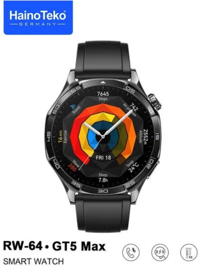 Compare RW64 GT5 Max Smartwatch for Men – Large AMOLED Display with Vibrant Colors and High Brightness – Builtin Voice Assistant for HandsFree Use – Black Premium Fitness Smartwatch with 3 Interchangeable Straps – Heart Rate, Sleep, Steps & Notification T at KSA Price