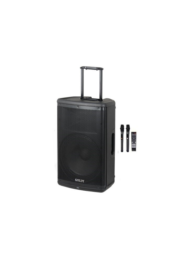 Compare RECHARGABLE 15 INCH SPEAKER WITH TROLLY AND WHEELS WITH BLUETOOTH USB SD CARD READER WITH 2 WIRELESS MICROPHONE WITH SUPER SOUND QUALITY at KSA Price