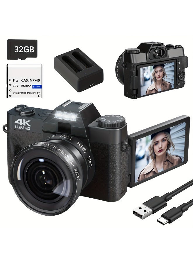 Compare 4K Digital Camera for Photography AutoFocus 56MP Vlog Camera, Support 16X Digital Zoom 3 Inch 180° Flip Screen, Comes with 52mm Wide Angle & Macro Lens and 32G Memory Card a 1500mAH Battery,Black at KSA Price