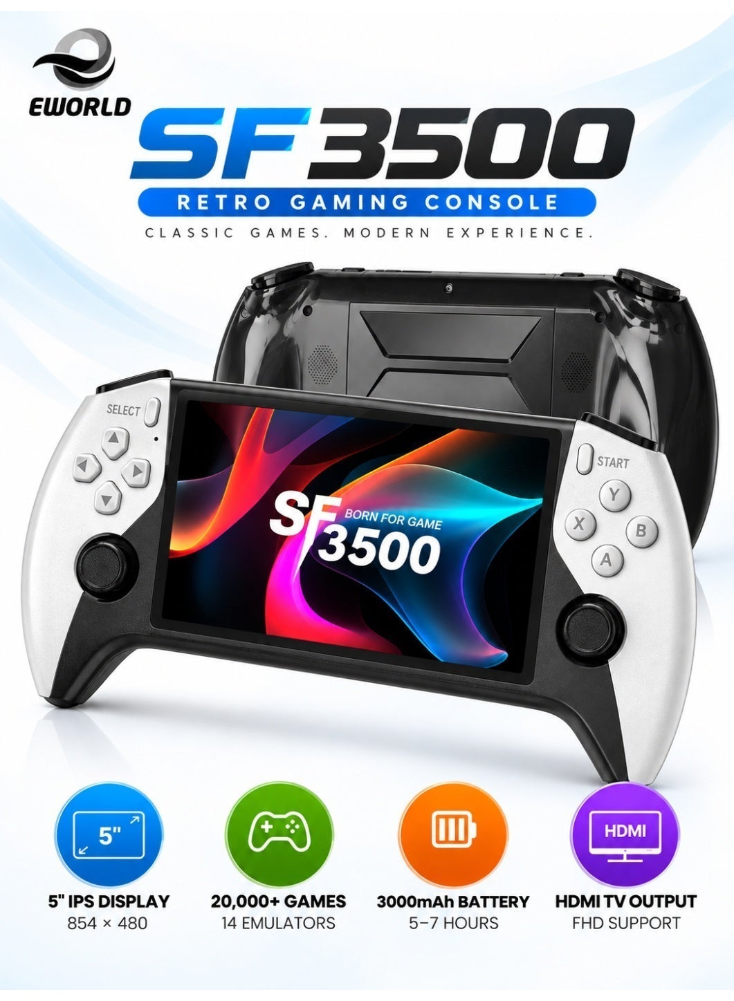 Compare SF3500 Retro Handheld Game Console, 5.0 IPS Full HD 854×480 Display, Linux OpenSource System, DualCore CortexA55 1.2GHz, 3000mAh Battery, 20,000+ BuiltIn Games, 14 Emulator Support, HDMI FHD TV Output, Portable Gaming Console for Classic Games at KSA Price