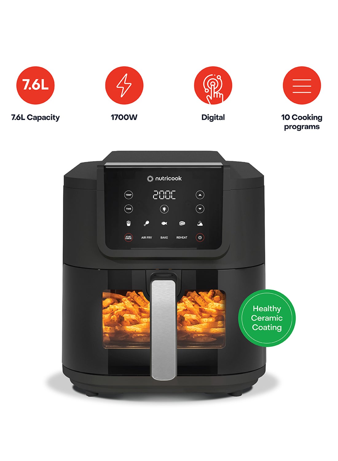 Compare Air Fryer Slim XL,7.6L, 2.4KG, ExtraLarge Basket, SpaceSaving Slim Design, Air Fry, Bake, Reheat, with 5 Presets, Clear Window & Internal Light, 2 Yr Warranty 7.6 L 1700 W NCAFS200 Black at KSA Price