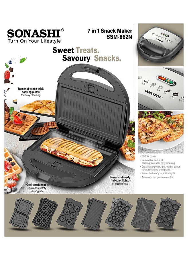 Compare 7In1 NonStick Multi Snack Maker with Detachable SandwichGrillWaffleDonutNuttySmileShell Cake Plates | Compact Body with Cooltouch Handle | Indicator Light with Auto CutOFF feature | Antiskid Feet 800 W SSM862 BlackSilver at KSA Price