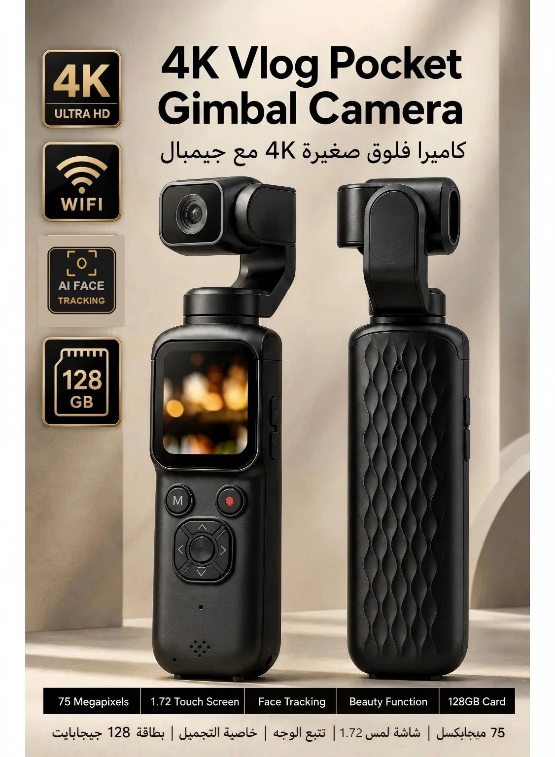 Compare 4K 75MP Pocket Gimbal Camera, 128GB TF Card Full Kit with Tripod & Card Reader, 330° Rotating Lens, AI Face Tracking, WiFi, 1.72 Touch Screen, Vlogging Camera for Travel & Content Creation at KSA Price