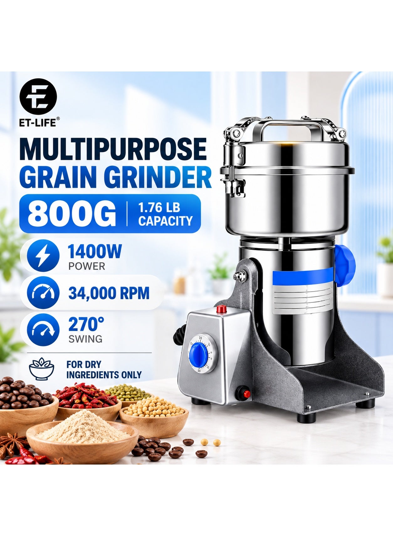 Compare Multipurpose Coffee Grinder  800g Capacity | Spice Grinder with Stainless Steel Bowl  Suitable for Spices, Coffee Beans, Nuts, Dried Fruits, Etc Easy Cleaning 1400 W SUS304800Y SilverBlue at KSA Price