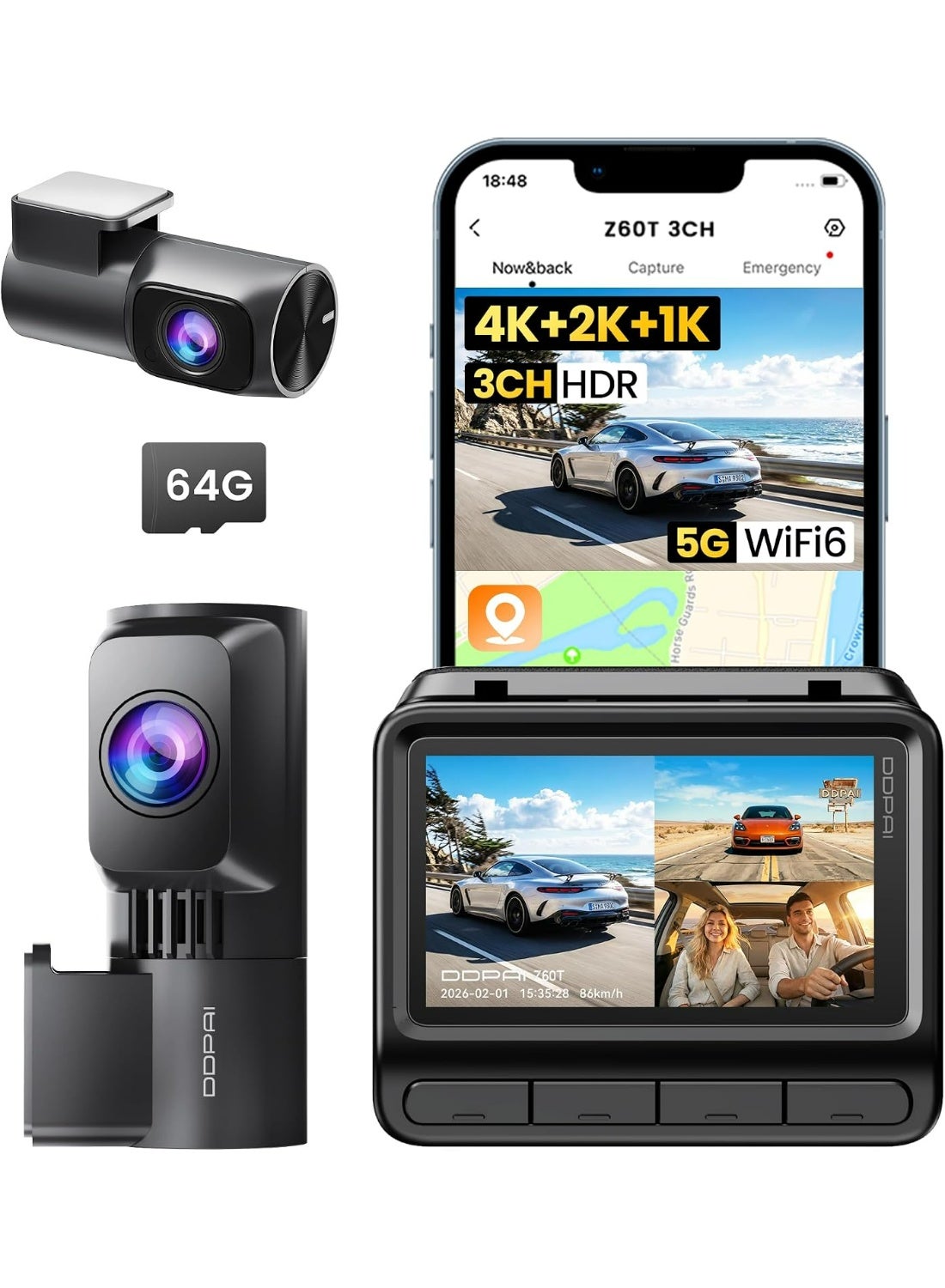 DDPAI 3 Channel Dash Cam for Cars, 4K+2K+1080P…
