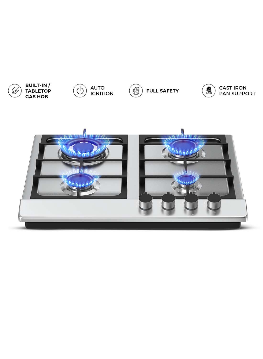 Compare 4 Burner Gas Hob With Auto Ignition, Cast Iron Support, Full Safety Features, Straight Flame, Stainless Steel Body, Rapid Burner, SemiRapid Burner, Auxiliary Burner NGH3005N Silver at KSA Price