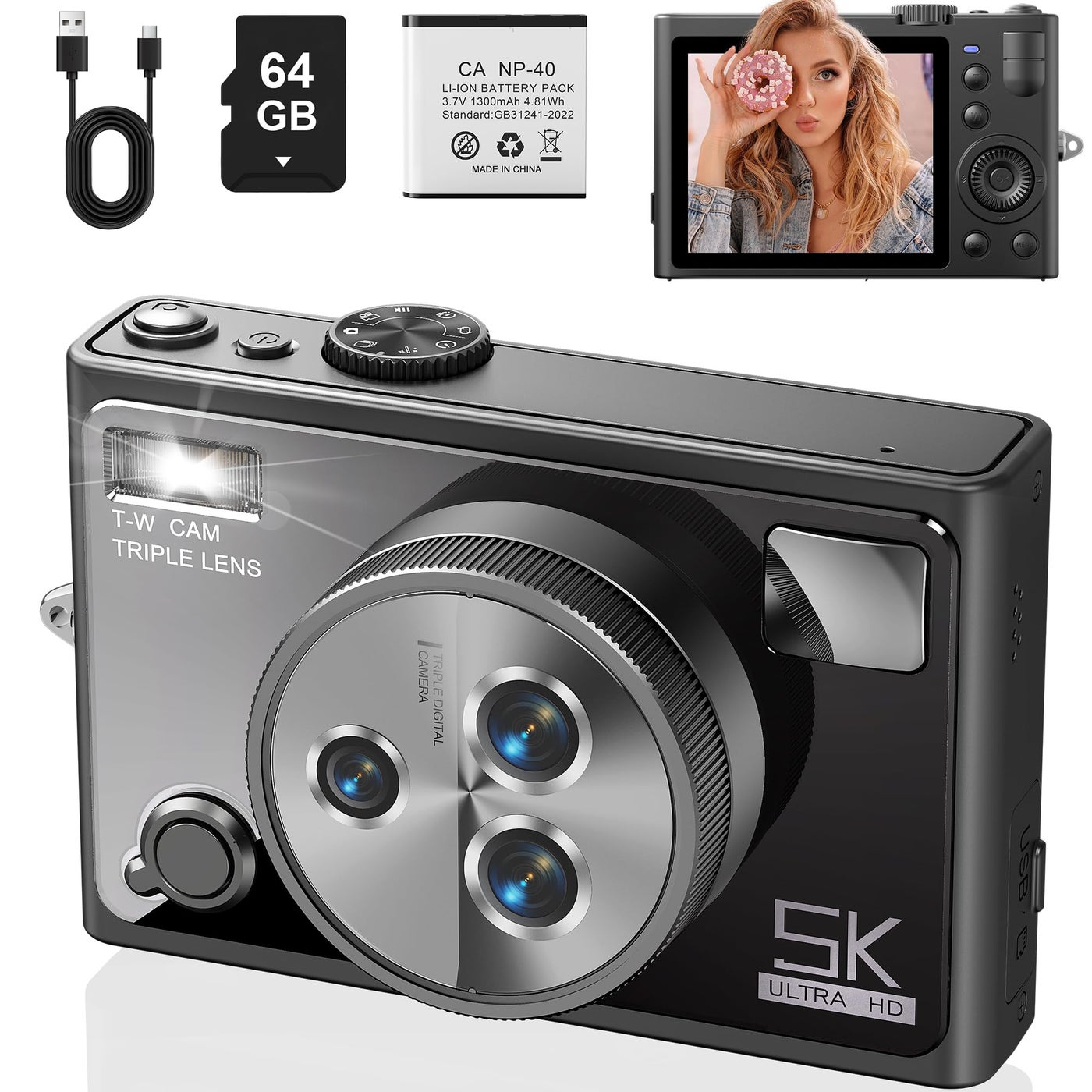 Compare 5K Digital Camera, 4X Optical Zoom and 3X Digital Zoom Vlog Cameras for YouTube with 2.8 180Â° Flip Screen, Point and Shoot Camaras with 64GB Micro SD Card, ThreeLens at KSA Price